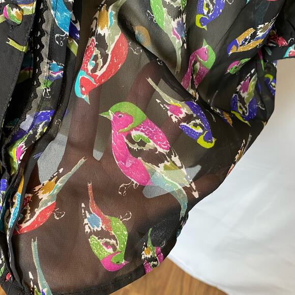 Uttam Boutique Sheer Colorful Bird Tie Neck Button Down Blouse Size Medium - Picture 3 of 15